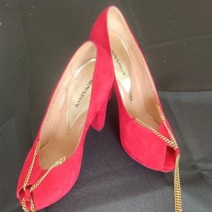 Emporio Armani Red Suede Heels with gold tone chain.